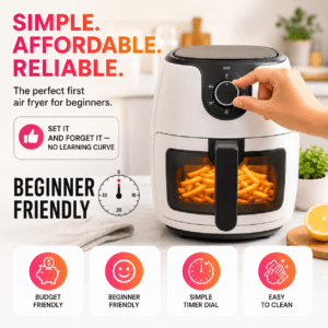 Simple beginner friendly budget air fryer with timer dial cooking fries