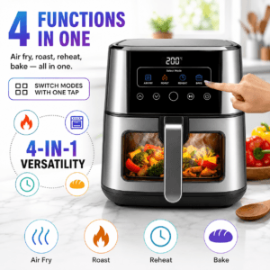 Compact 4-in-1 air fryer with air fry, roast, reheat and bake modes