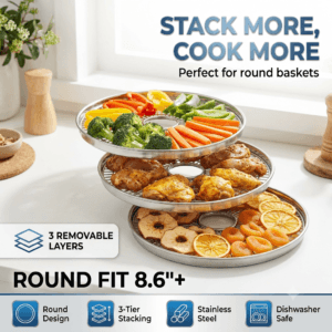 Round stackable air fryer rack set with three layers cooking vegetables and chicken