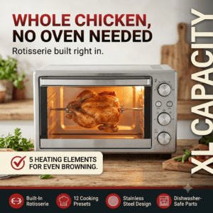 Rotisserie air fryer with whole chicken rotating inside stainless steel oven