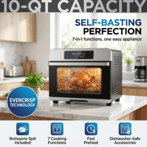 10 quart rotisserie air fryer with self basting chicken on rotating spit