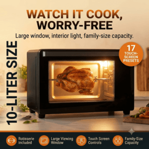 Family size rotisserie air fryer with large window showing chicken cooking