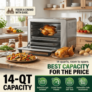 14 quart rotisserie air fryer with roasted chicken and crispy vegetables