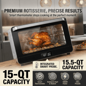 Premium 15.5 quart rotisserie air fryer with integrated smart thermometer