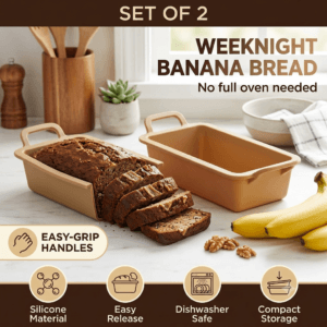 Silicone air fryer loaf pan with banana bread and easy grip handle