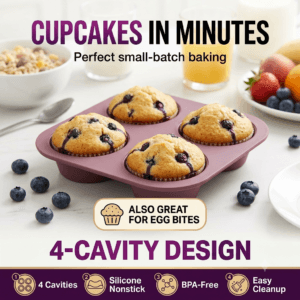 Silicone air fryer muffin pan with baked cupcakes and blueberries