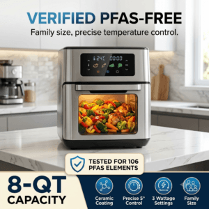 Verified PFAS free air fryer with precise temperature control cooking vegetables