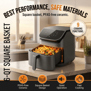 PFAS free ceramic air fryer with square basket cooking golden fries