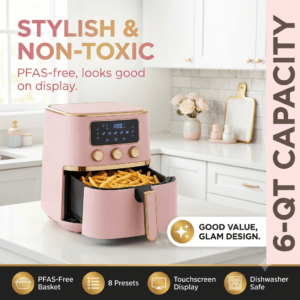 Stylish PFAS free pink air fryer with touchscreen cooking crispy fries