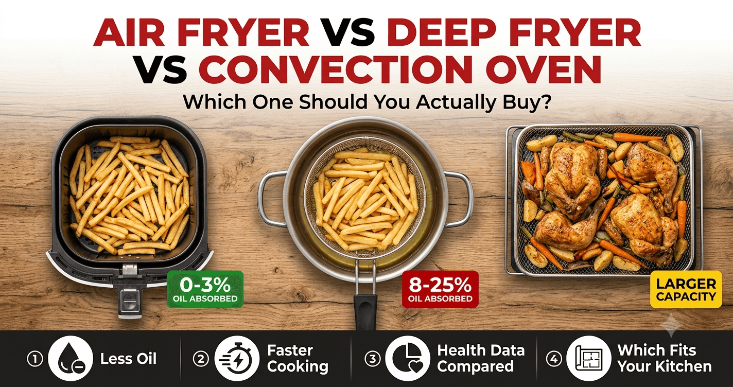 Air fryer vs deep fryer vs convection oven comparison showing oil absorption differences