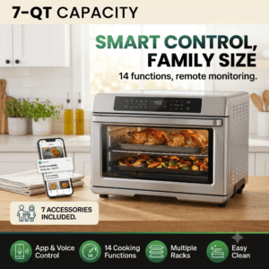 Smart air fryer oven combo with app control roasting chicken and vegetables