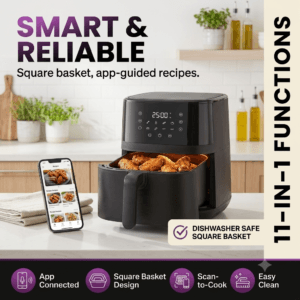 Smart square basket air fryer with app connectivity cooking chicken wings
