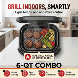 Smart indoor grill air fryer combo with app control grilling burgers