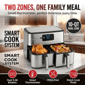 Large capacity dual basket air fryer with smart thermometer cooking whole chicken