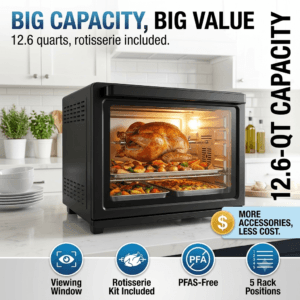 Large capacity air fryer combo oven with viewing window and rotisserie chicken