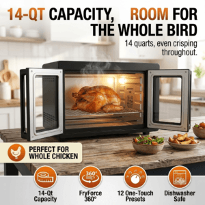 Large 14 quart air fryer oven roasting whole chicken with even crisping