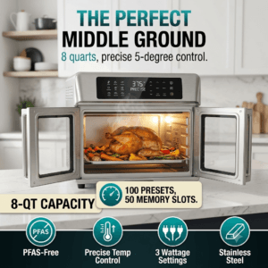 Mid size large capacity air fryer with precise temperature control cooking vegetables