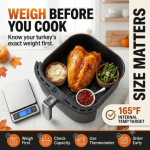 Air fryer for thanksgiving turkey weighing and checking internal temperature