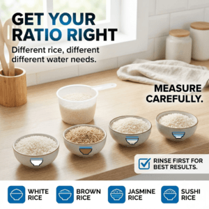 Rice cooker water ratio chart measuring different rice varieties