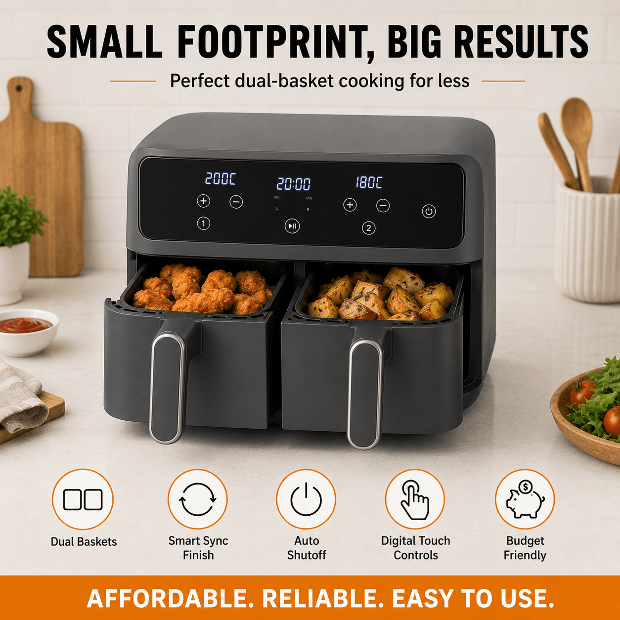 Compact budget dual basket air fryer cooking chicken nuggets and roasted potatoes