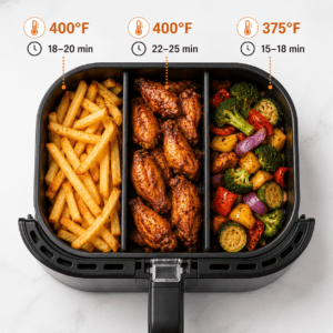 Air fryer temperature and timing guide for frozen foods vegetables and meat