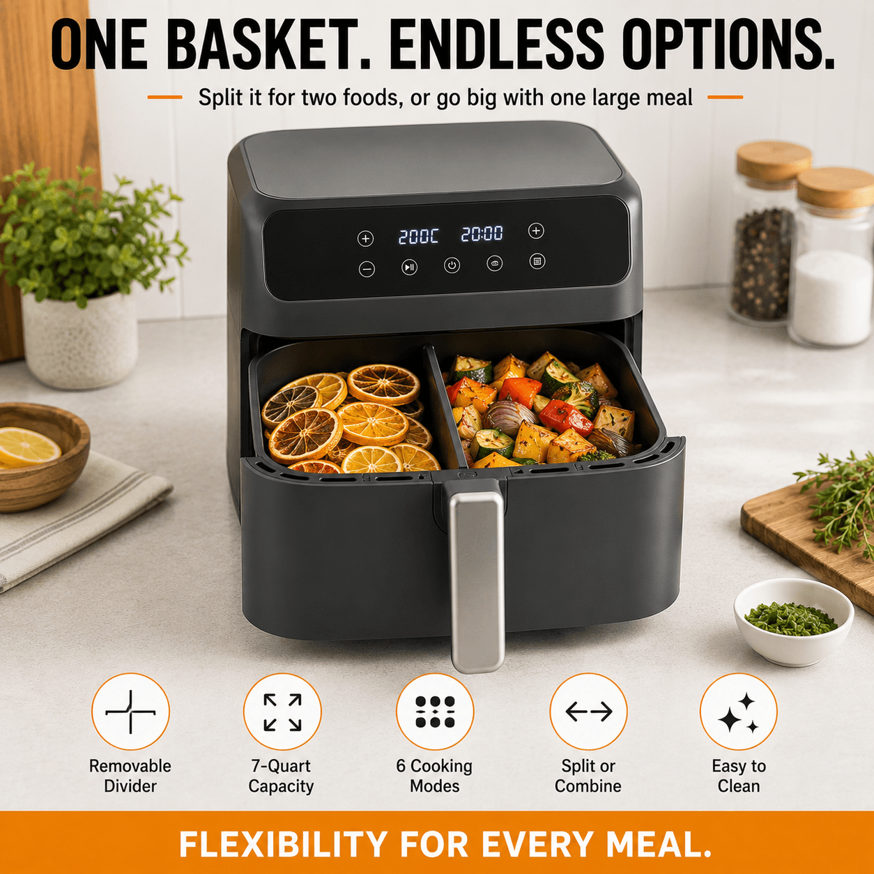Single large air fryer basket with removable divider separating dried fruit and roasted vegetables