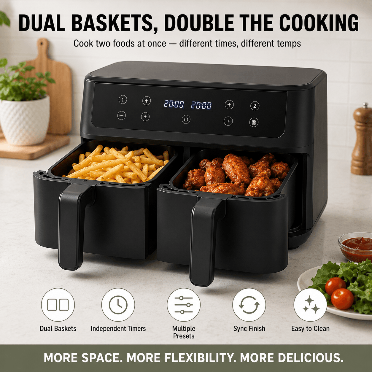 Dual basket air fryer with digital display cooking fries and chicken wings side by side