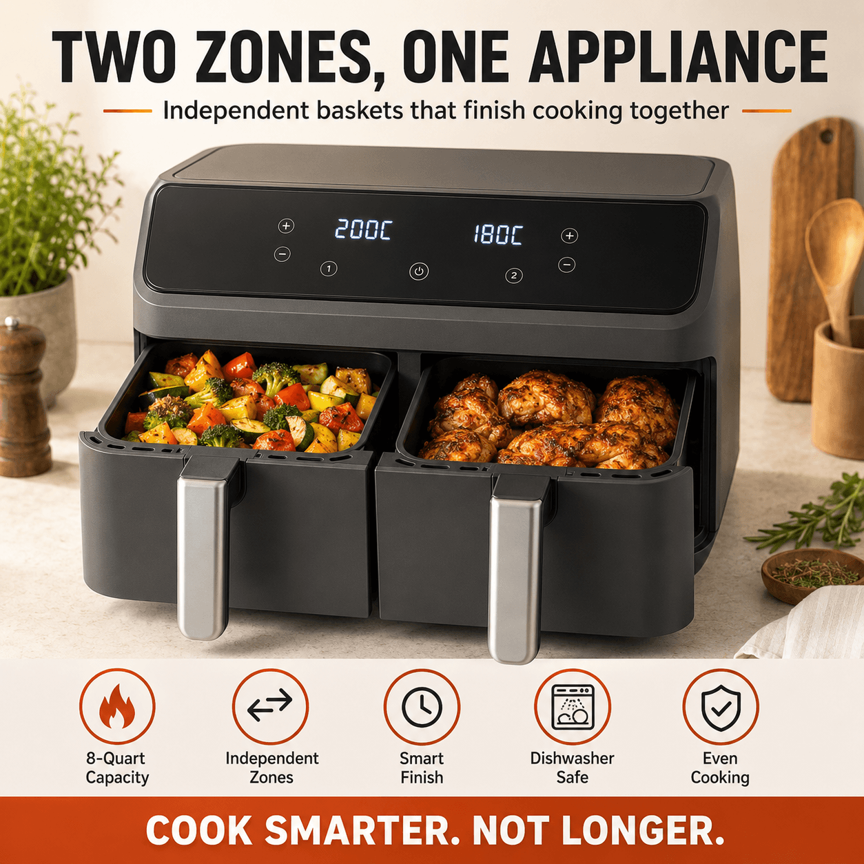 Dual basket air fryer with two independent zones cooking vegetables and chicken at once
