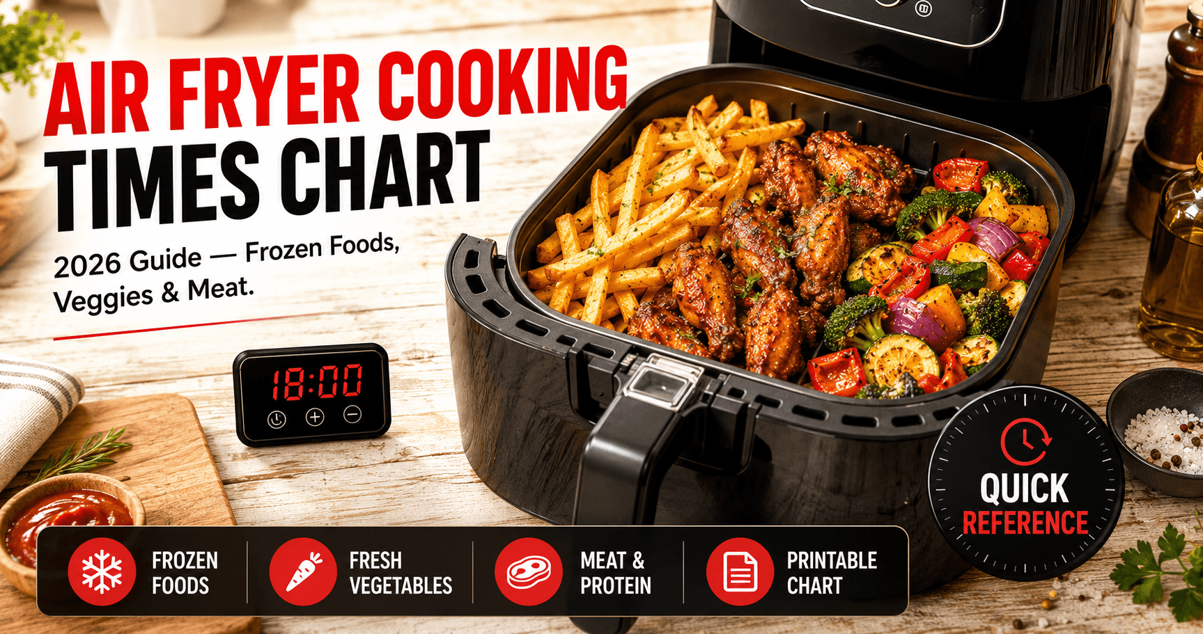 Air fryer cooking times chart 2026 frozen foods vegetables and meat
