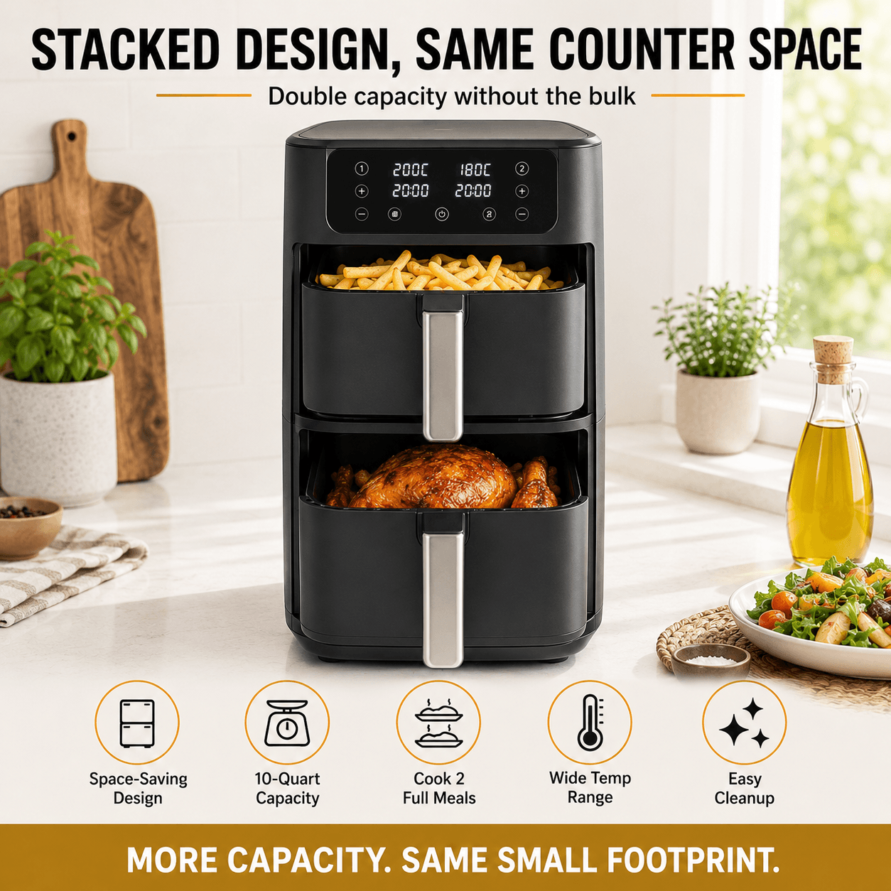 Vertically stacked dual basket air fryer cooking fries and whole chicken in separate drawers